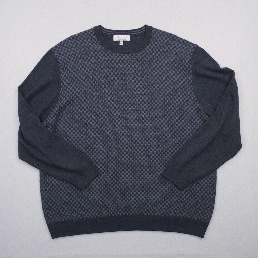 Turnbury Sweater Mens XXL Gray Merino Wool Pullover Check Checkerboard Jumper